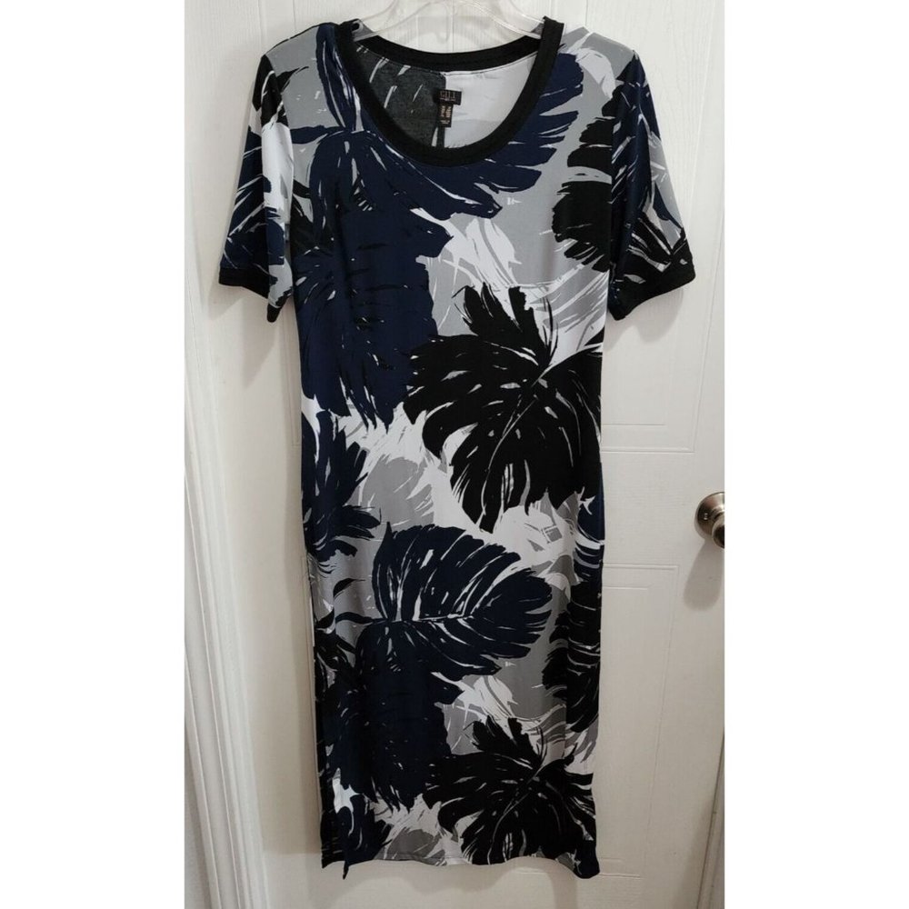 G.I.L.I. Women's Short Sleeve Stretch Maxi Dress Blue Black Palm Tropical Sz SP